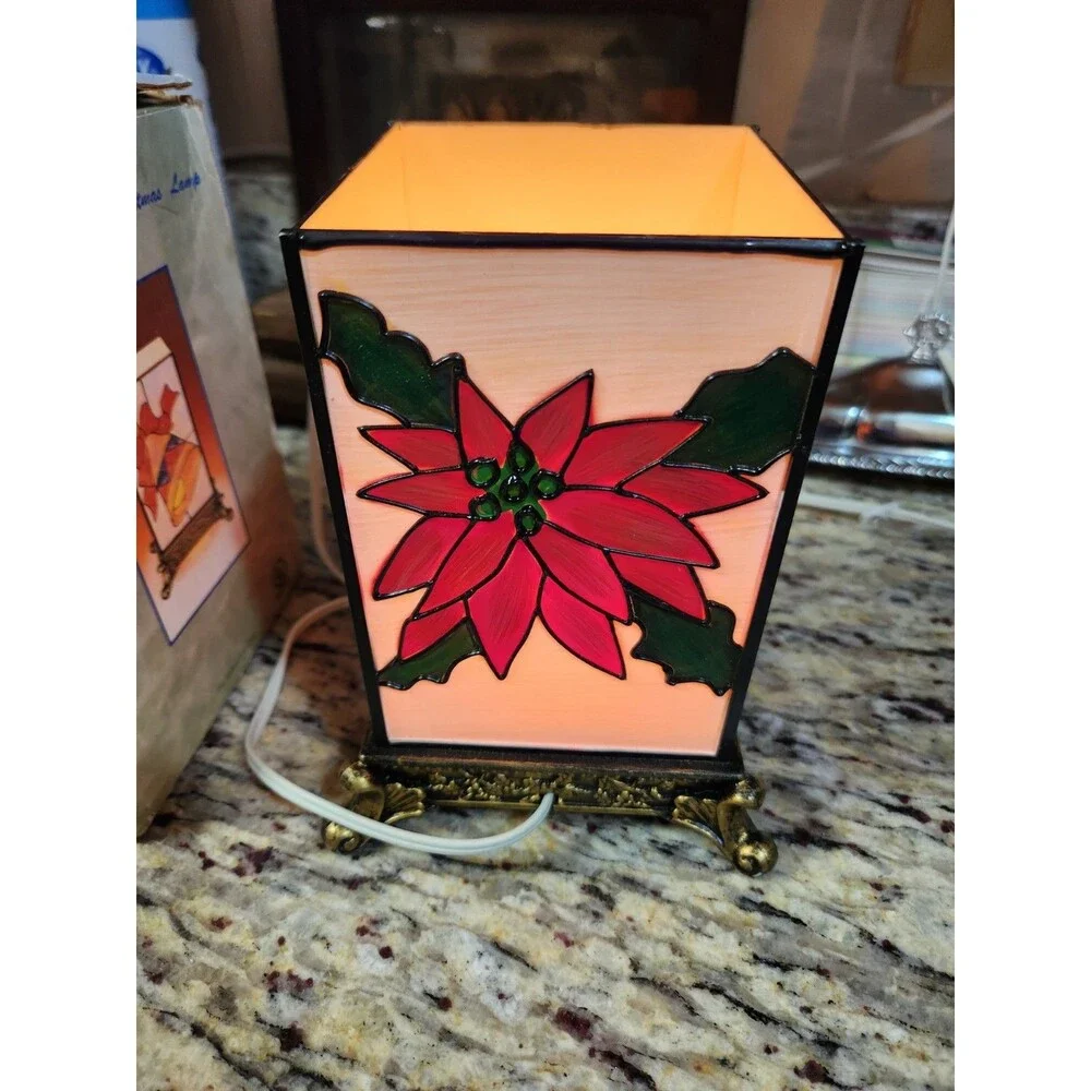Tiffany Style Plastic Small Christmas Lamp Bells Red Flower Mistletoe Boxed